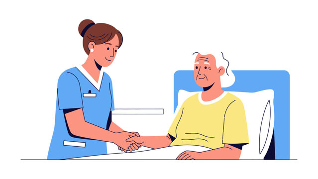 Caring Hand in Healthcare: A compassionate nurse offers a gentle handshake to an elderly patient, a tender moment that underscores the bonds of care and the importance of well-being.