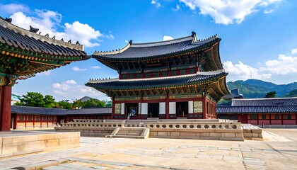 Fototapeta premium A serene courtyard, showcasing the stunning architecture of a traditional Korean palace under a vibrant blue sky.