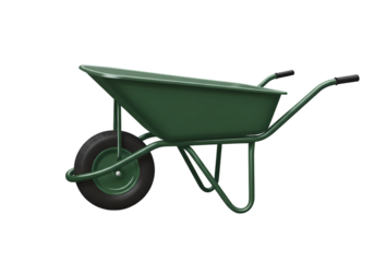 Durable Green Wheelbarrow Gardening Tool Construction Equipment Farm Implement isolated on transparent background