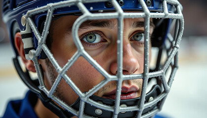 Hockey player focused and preparing for game in ice rink  