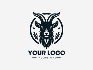 Goat head vector logo design inside circle frame eating green leaves
