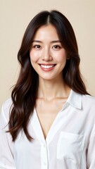 A portrait of a smiling Asian woman, showcasing natural beauty and confidence, with a serene expression and a soft, neutral background
