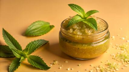 Vibrant mint sugar scrub in a glass jar, topped with crushed crystals and fresh mint. Bright, natural spa scene conveying freshness, skincare, and a handmade, artisanal vibe. 