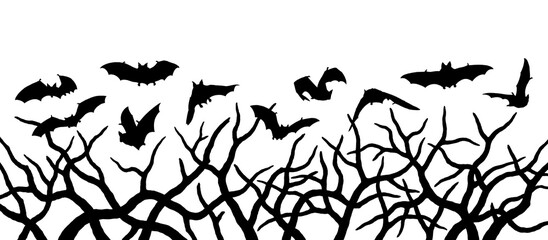 Silhouette illustrations of bats flying over trees isolated on transparent background, Halloween illustration 