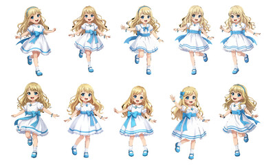 A delightful character design collection featuring a cute blonde girl in a blue dress, shown in ten different dynamic poses