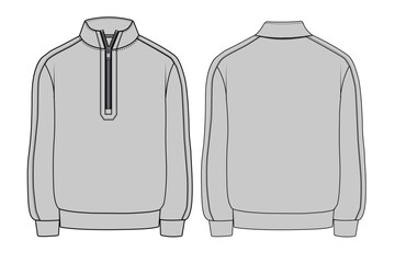 Men's Stand Collar Jumper Design Template. Quarter-Zip Pullover Sweatshirt Technical Sketch. Front and Back Quarter Zip Fleece Mockup. Casual Half-Zip Sweat Top Flat Drawing © Abdullah