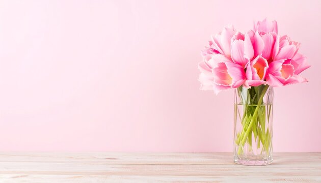 Pink tulips in vase on light wood - Powered by Adobe