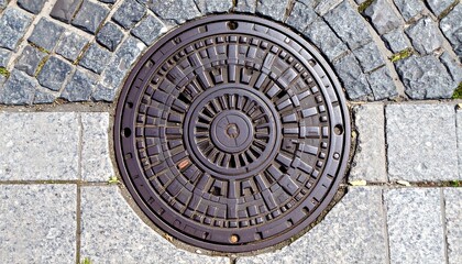 Round metal manhole cover on paved street