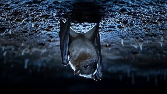 A brown bat hangs upside down in a dark cave, wings spread, illuminated by soft light