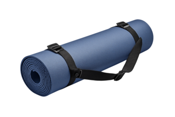 Rolled Blue Yoga Mat with Black Straps exercise mat isolated on a transparent background