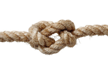 Close-up of a knotted rope.  Beige rope with a tight knot in the center.  The rope has a slightly rough texture, and frayed edges.  Dark background