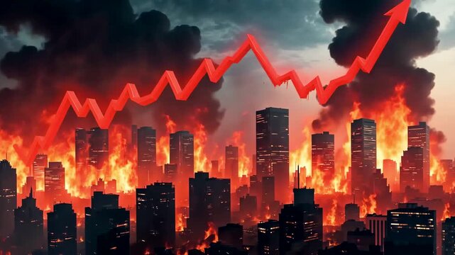 Burning City Skyline with Red Financial Graph Rising Through Smoke and Fire Clouds