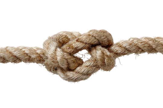 Close-up of a knotted rope.  Beige rope with a tight knot in the center.  The rope has a slightly rough texture, and frayed edges.  Dark background