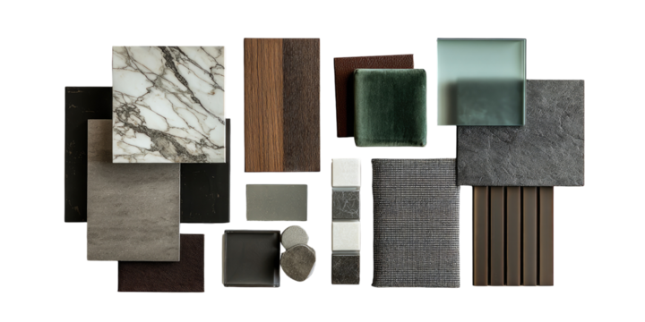 Collection of various stone, wood, and glass samples in muted tones