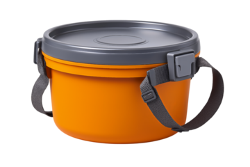 Orange food container with grey lid and strap lunch box isolated on a transparent background