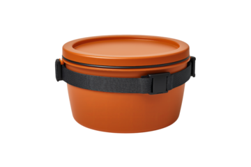 Orange food container with dark grey lid and strap isolated on a transparent background