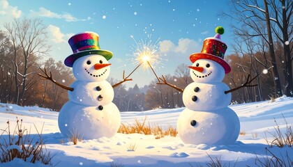 Two cheerful snowmen in winter wonderland
