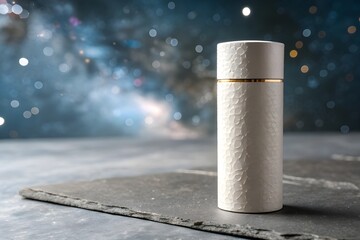Elegant white textured container with golden accent against a dreamy starlit background adds a touch of luxury
