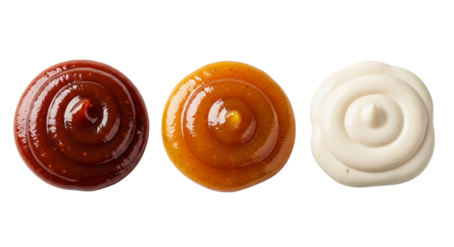 Three different sauce swirls isolated on transparent background