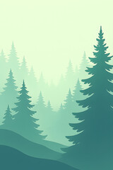 Obraz premium Minimalist forest illustration with layered tree silhouettes in green and blue gradients and soft mist