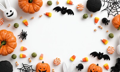Halloween candy and decorations frame on white.