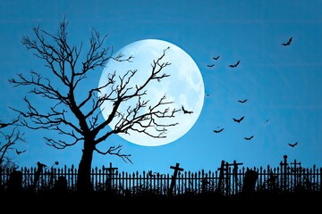 Spooky Halloween Night Cemetery Scene with Full Moon.