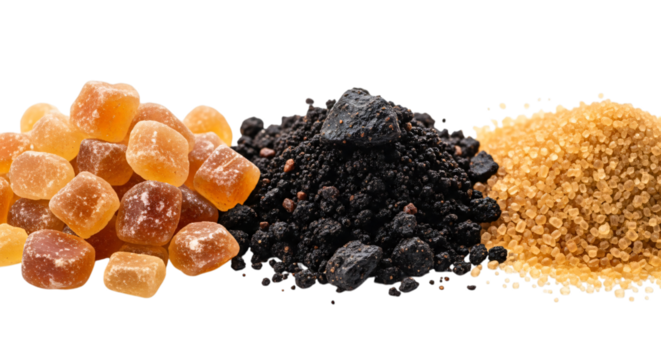 Three types of sugar isolated on transparent background