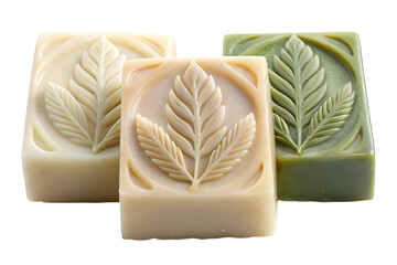 Three Rectangular Soaps with Leaf Imprints in Cream Beige and Green Colors Presented on Transparent Background