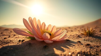 Single Pink Desert Flower Blooming Under Harsh Sunlight