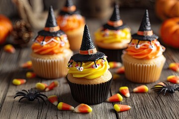 Festive Halloween Witch Hat Cupcakes on a Rustic Wooden Table.