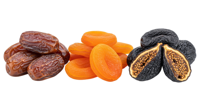 Dried dates, apricots, and figs isolated on transparent background