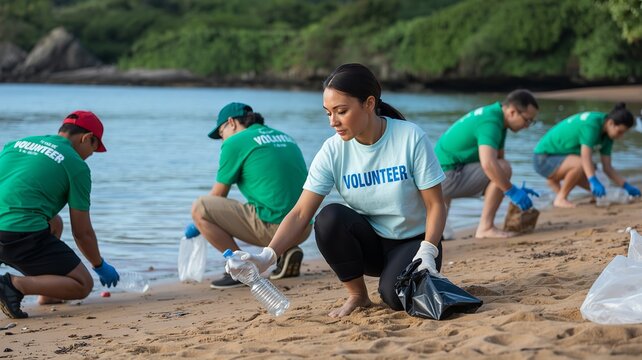 Group of volunteers cleaning beach with gloves and trash bags during eco-friendly coastal community conservation effort