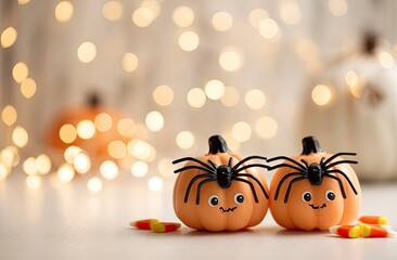 Adorable smiling pumpkin characters with spiders on a festive bokeh background.