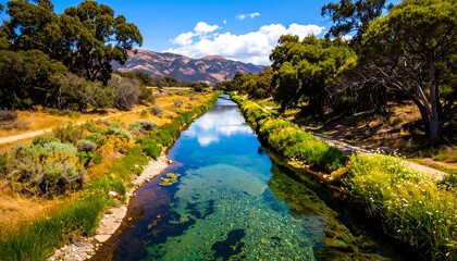 Scenic canal winding through lush vegetation and mountains