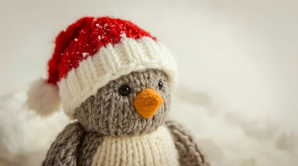 Cute knitted penguin wears a red and white Santa hat with snowflakes, featuring an orange beak and black eyes, set against a soft white background, perfect for holiday cheer.