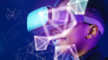 Child wearing virtual reality headset with neon holographic 3D shapes glowing around head immersive futuristic metaverse exploration concept cinematic video close up side view - Powered by Adobe