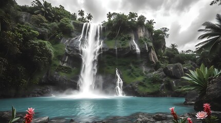 Multi-Stream Jungle Waterfall into Vibrant Turquoise Pool Under Cloudy Sky