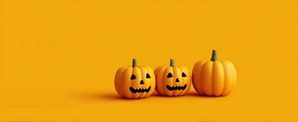 Three small Halloween pumpkins on a vibrant orange background banner.
