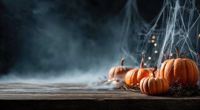 Spooky Halloween pumpkins on a rustic wooden table with fog and spiderwebs in the background.