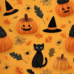 Cute Halloween seamless pattern with black cat and pumpkins.