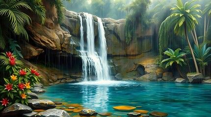 Twin-Stream Tropical Waterfall into Blue Jungle Pool