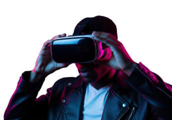 A focused young black man in a leather jacket adjusts a VR headset, dramatically lit by futuristic blue and pink neon against a dark background with data trails, immersive sci-fi concept