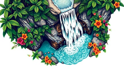 Stylized Waterfall in Tropical Forest with Swirling Pool, Lush Greenery, and Vibrant Red-Orange Flowers