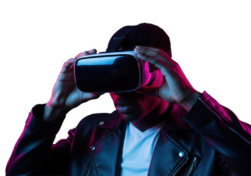 A focused young black man in a leather jacket adjusts a VR headset, dramatically lit by futuristic blue and pink neon against a dark background with data trails, immersive sci-fi concept