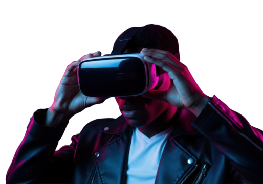 A focused young black man in a leather jacket adjusts a VR headset, dramatically lit by futuristic blue and pink neon against a dark background with data trails, immersive sci-fi concept