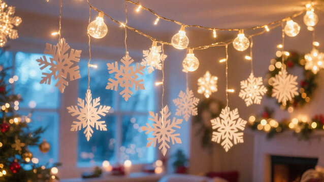 Cozy indoor christmas decor with snowflakes and string lights in festive living room - Powered by Adobe