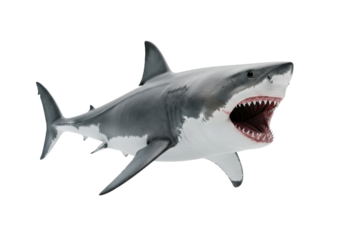 Powerful Great White Shark, grey dorsal, white belly, dorsal, pectoral fins, jaws wide open, razor-sharp teeth, swimming against transparent studio background, bright, shadowless light. Concept of