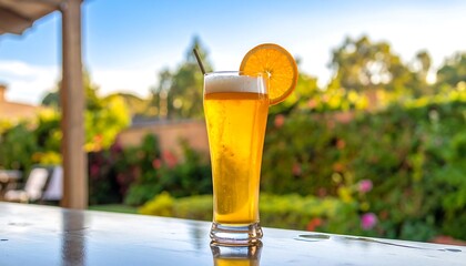 Tall beer glistens outside