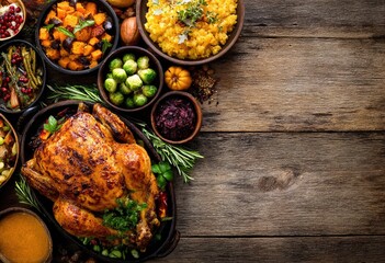 Thanksgiving holiday dinner with roasted turkey and all the sides on a rustic wooden table background with copy space.