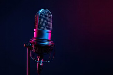 Professional studio microphone in vibrant pink and blue neon lights on a dark background.